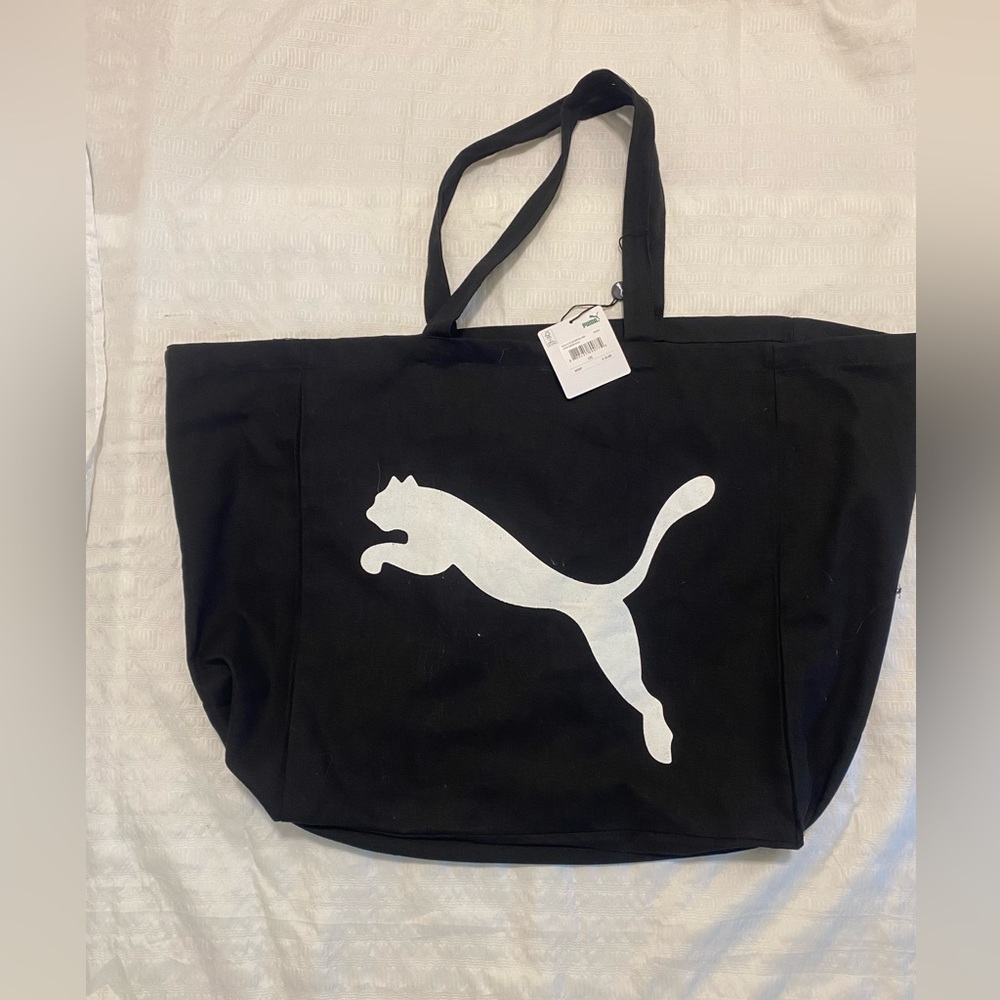 puma canvas large tote shoulder shopper bag, black, w-white puma cat logo